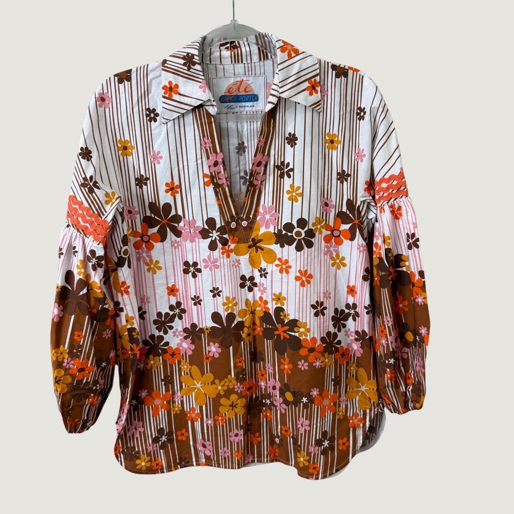 Pennyblack x Ete Pret-A-Porter Floral Tunic Blouse Orange Brown Retro 70s Size 6